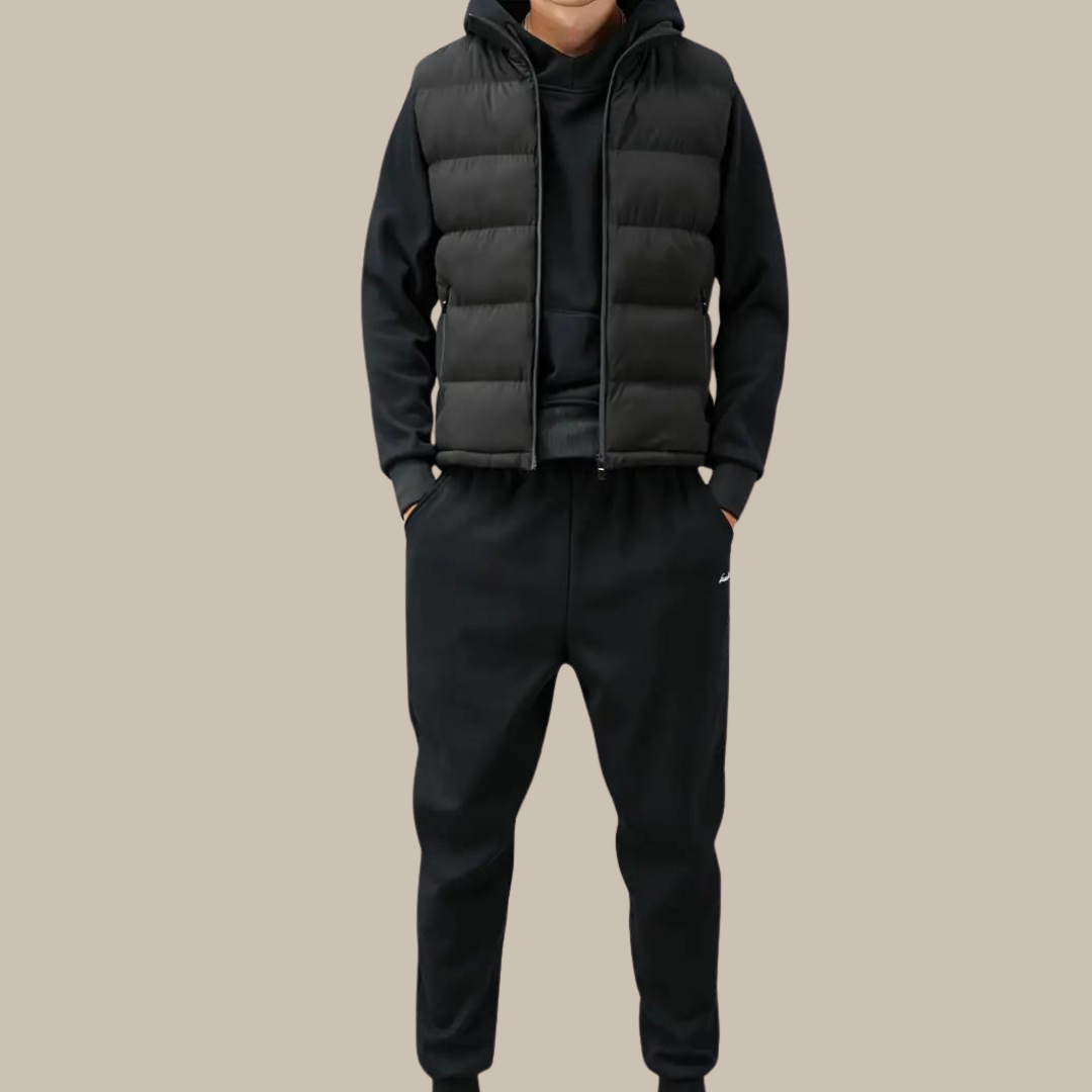 Men's smart casual insulated zip gilet in dark blue, perfect for fall and winter layering.
