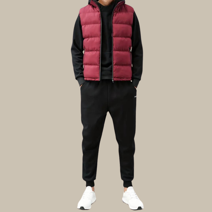 Modern men's insulated vest, essential fall fashion outerwear for warmth and style.