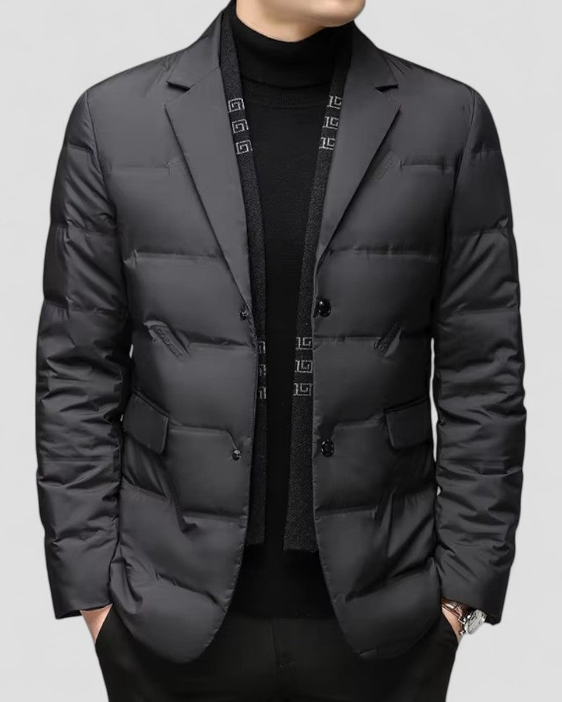 Men's smart casual quilted padded blazer in black, perfect for stylish winter warmth. Ideal outerwear.