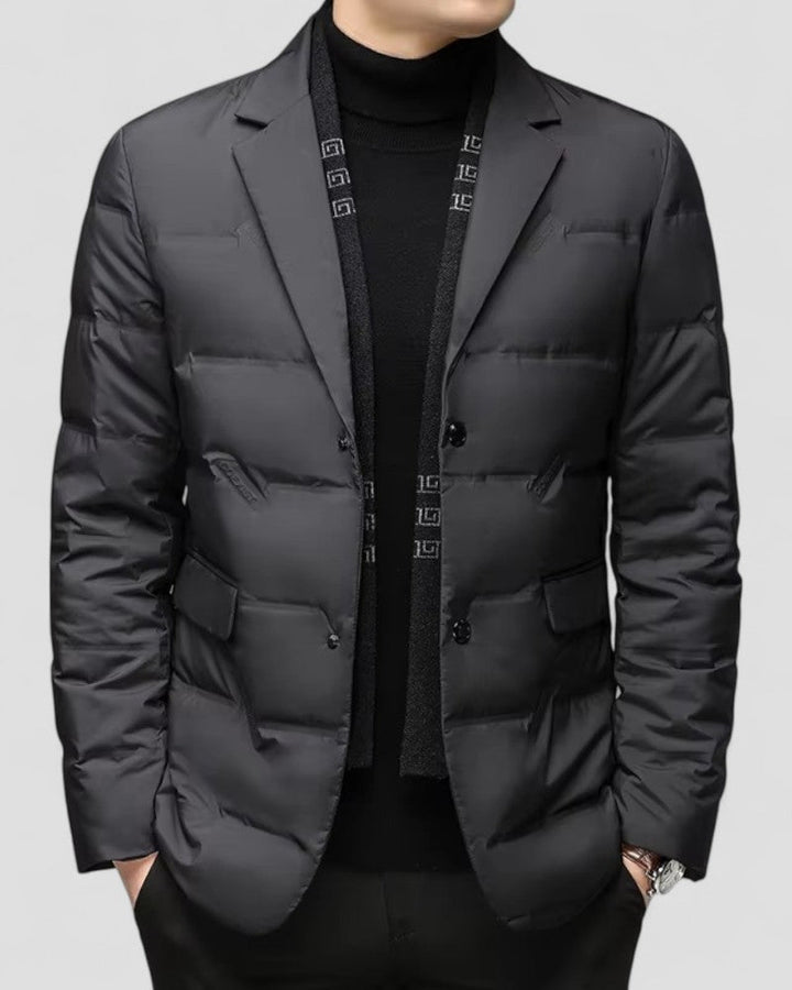 Men's smart casual quilted padded blazer in black, perfect for stylish winter warmth. Ideal outerwear.