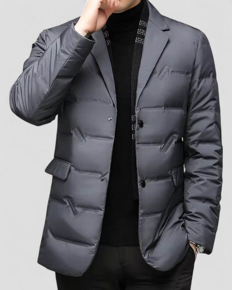 Stylish men's quilted blazer, padded for winter warmth. Smart casual outerwear jacket for cold weather.