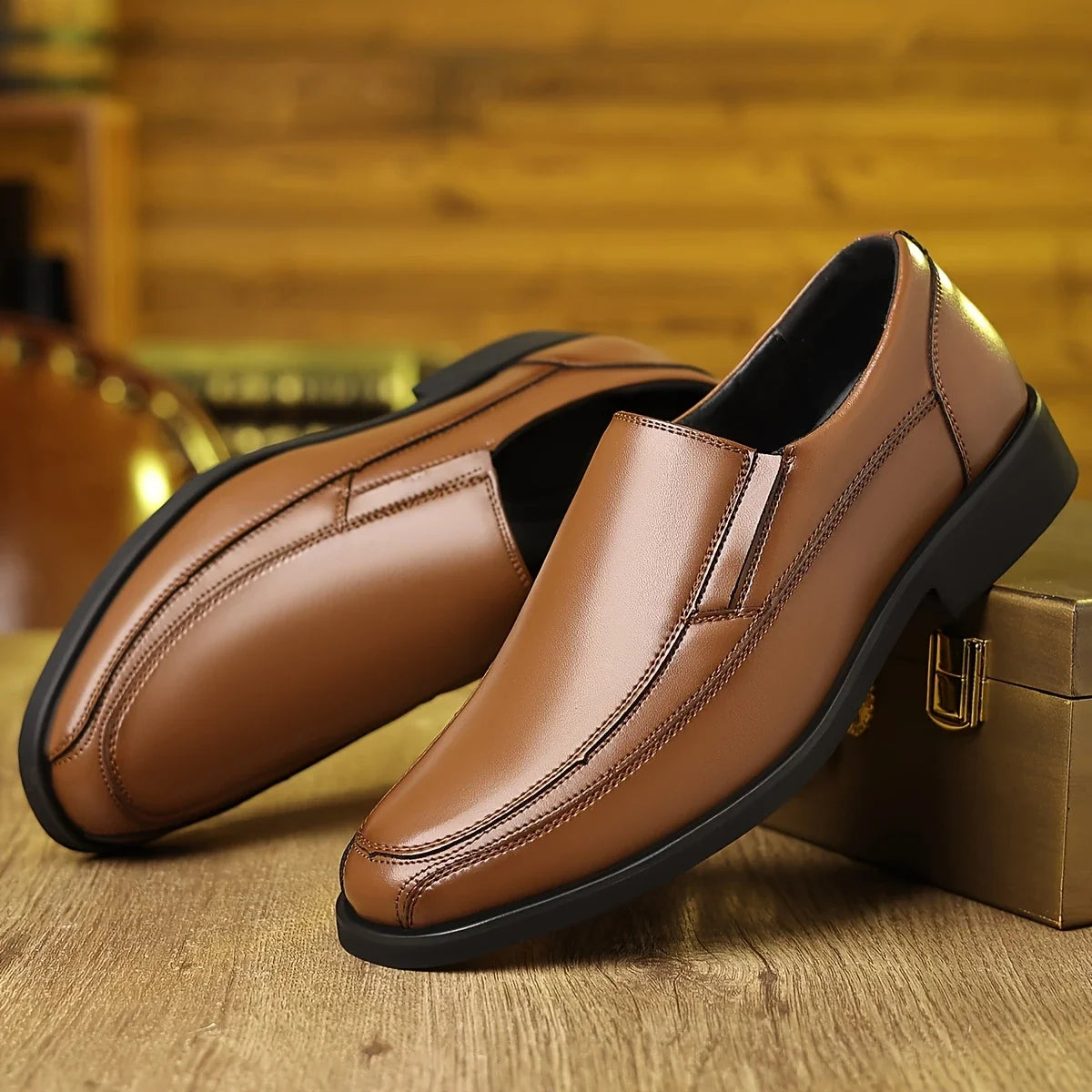 Classic men's leather slip-on loafers, ideal for formal footwear or casual wear.