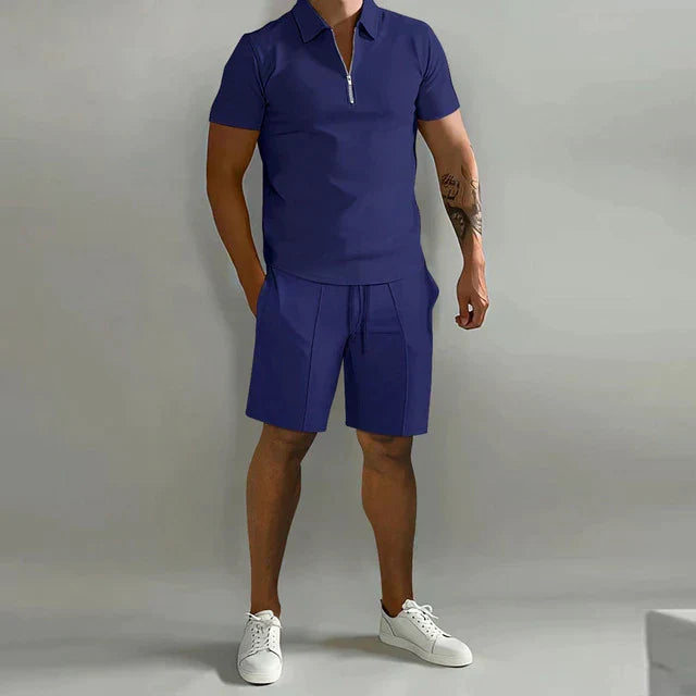 Lightweight men's two-piece summer outfit featuring a zipper collar polo shirt and matching shorts.
