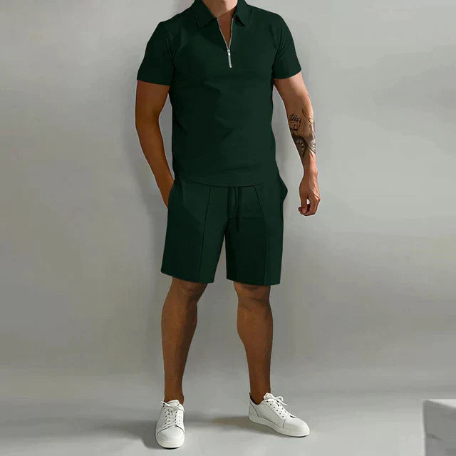 Comfortable men's fashion summer set: stylish polo shirt and tailored shorts for warm weather.