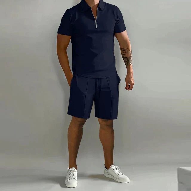 Men's fashionable summer two-piece outfit with a polo shirt and shorts, designed for ultimate comfort.