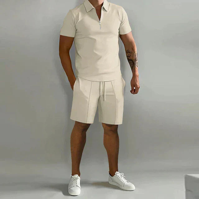 Smart men's summer set featuring a breathable polo shirt and matching shorts, perfect for casual elegance.