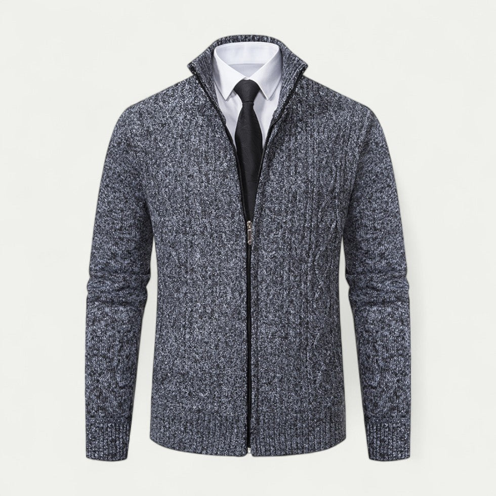 Light gray men's knitted zip cardigan. A smart casual long sleeve sweater, ideal for fall & winter layering.