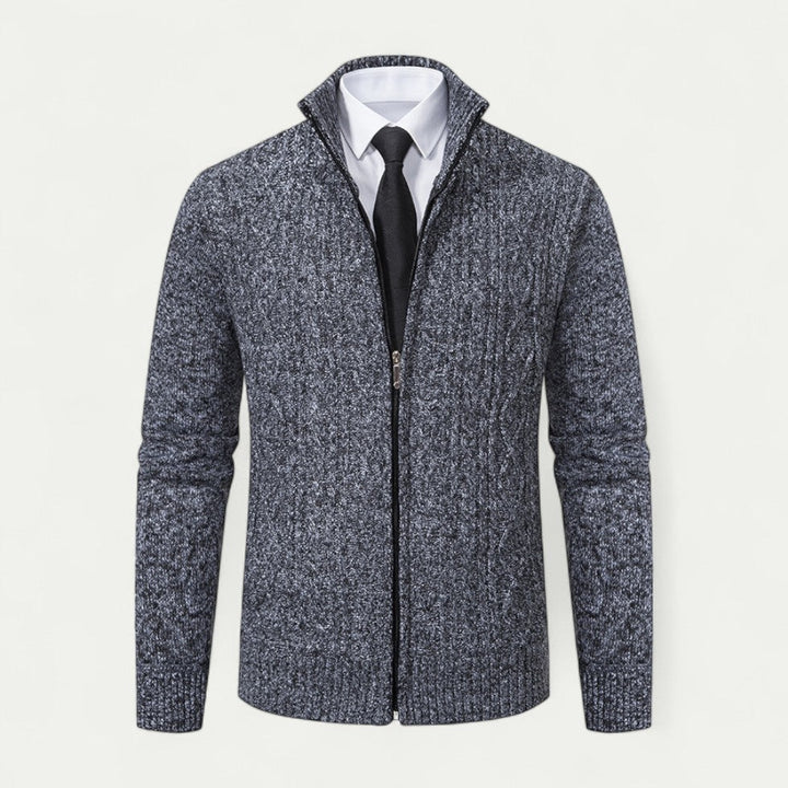 Light gray men's knitted zip cardigan. A smart casual long sleeve sweater, ideal for fall & winter layering.