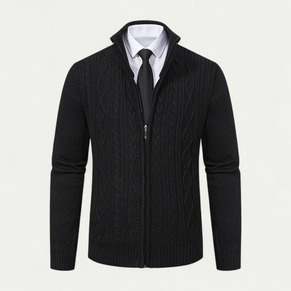 Black men's zip cardigan. Knitted long sleeve sweater for a sharp business casual or smart fashion look.