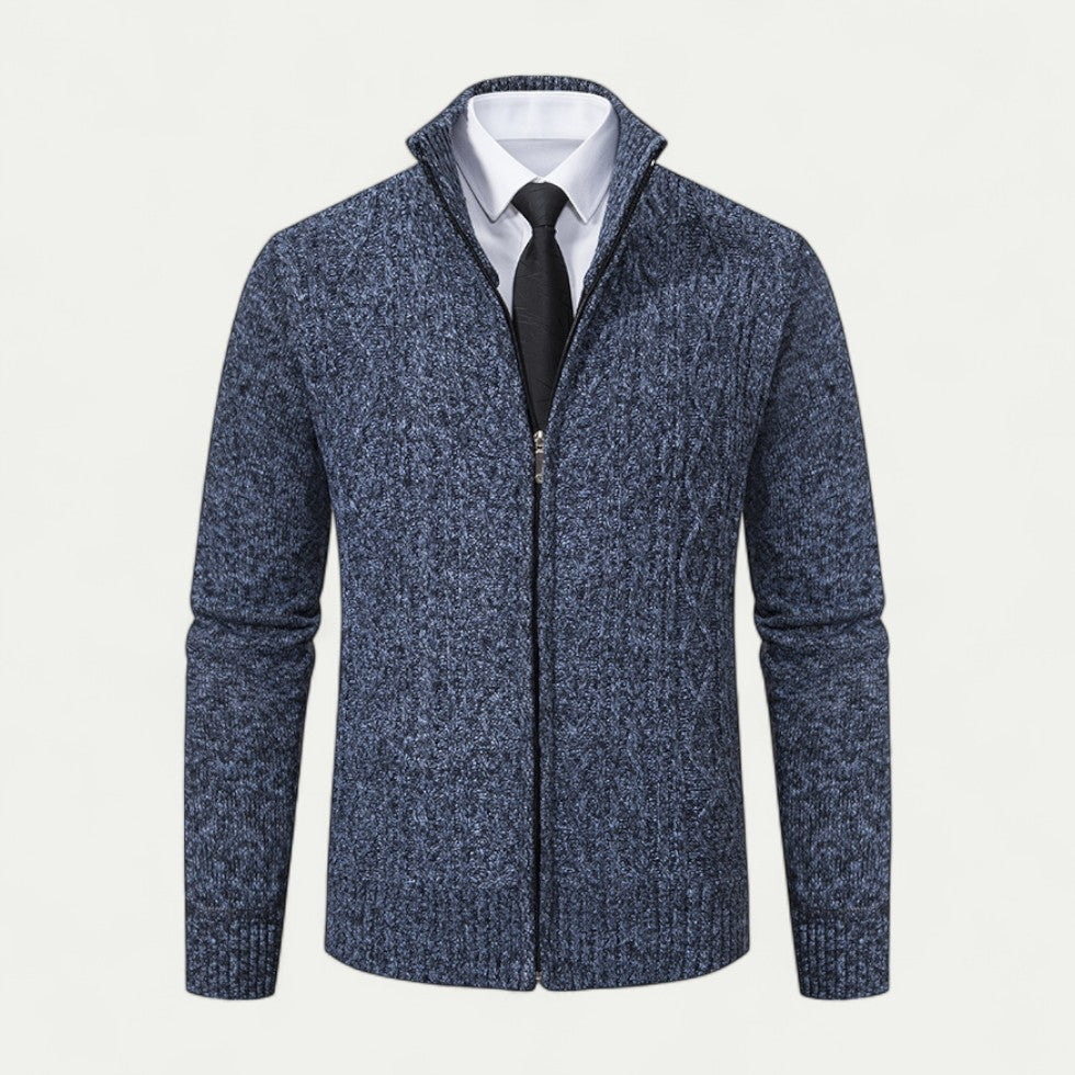 Blue men's knitted zip cardigan. A stylish long sleeve sweater, perfect versatile layer for modern men's fashion.