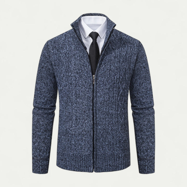 Blue men's knitted zip cardigan. A stylish long sleeve sweater, perfect versatile layer for modern men's fashion.