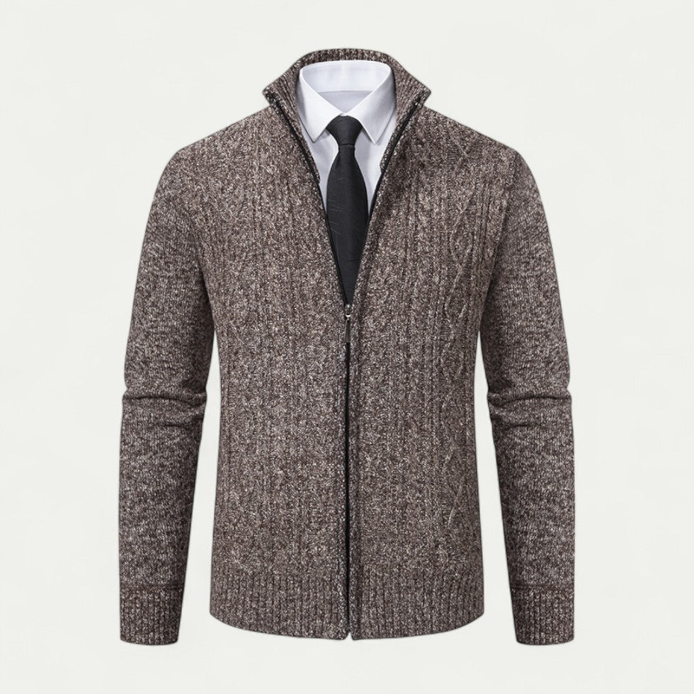 Close-up of men's knitted zip cardigan texture. Long sleeve, smart casual style, excellent versatile layering.