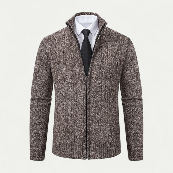 Close-up of men's knitted zip cardigan texture. Long sleeve, smart casual style, excellent versatile layering.