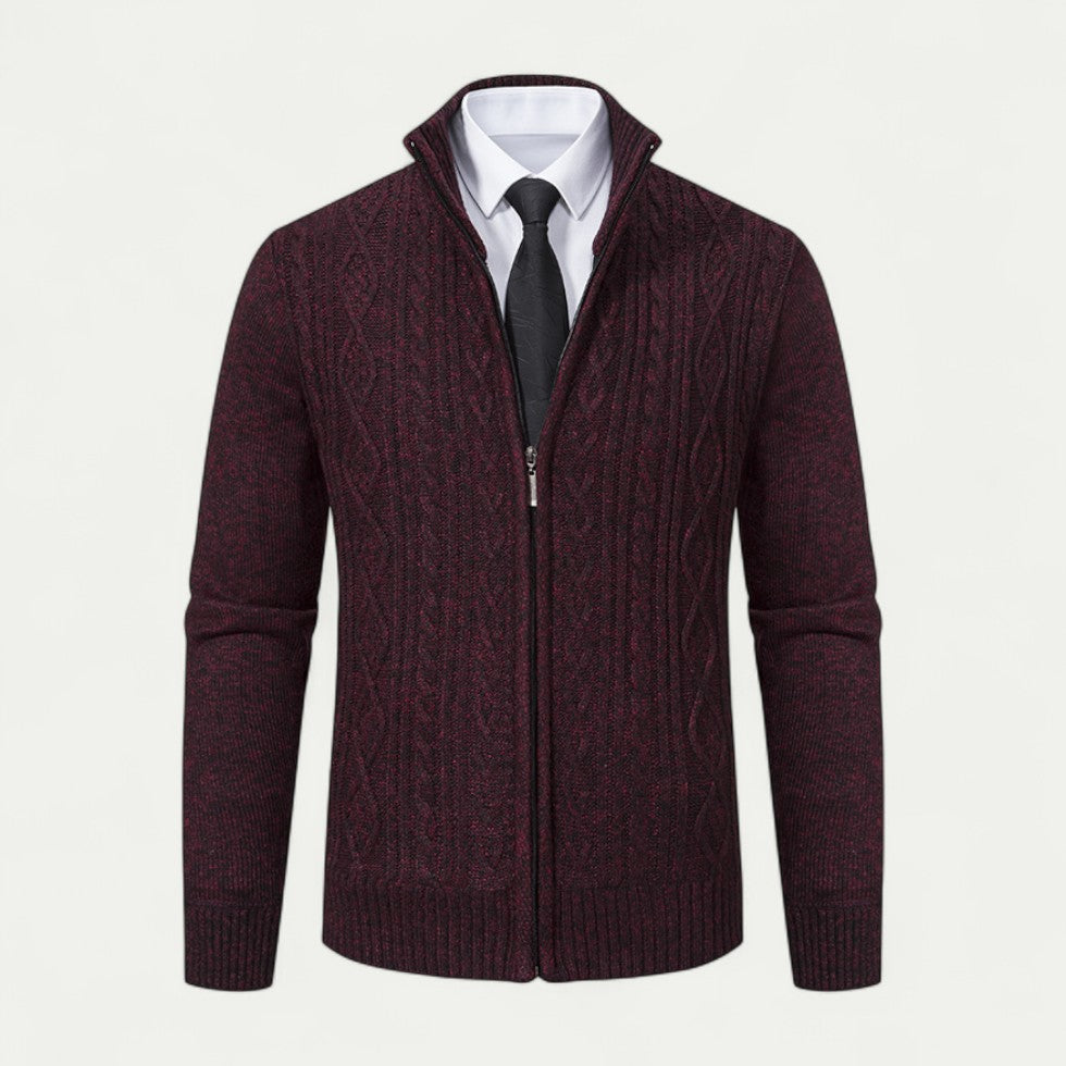 Men's fall/winter knitted zip cardigan. Warm, long sleeve, versatile layer for smart casual & everyday men's style.