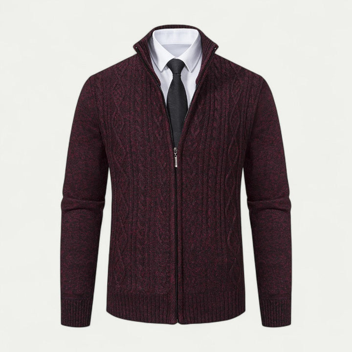 Men's fall/winter knitted zip cardigan. Warm, long sleeve, versatile layer for smart casual & everyday men's style.