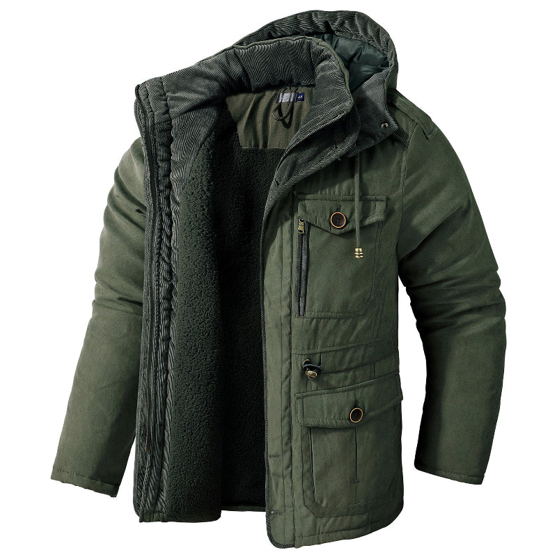 Adjustable men's utility snowball coat, waterproof & insulated for extreme winter sports & comfort.