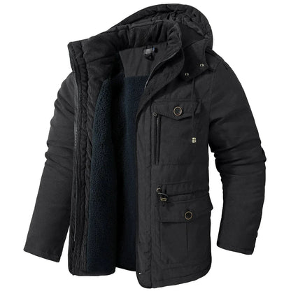 Stylish men's warm winter coat, waterproof, breathable, and durable, designed for cold weather outdoor use.