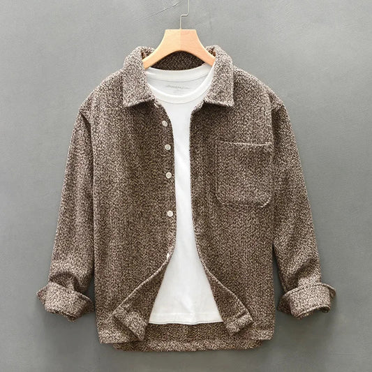 Men's soft boucle knit overshirt. Luxurious comfort, long sleeve button-down for stylish casual wear.