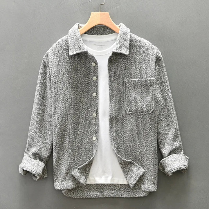 Textured men's boucle knitted overshirt, a versatile long sleeve button-down for modern fashion.