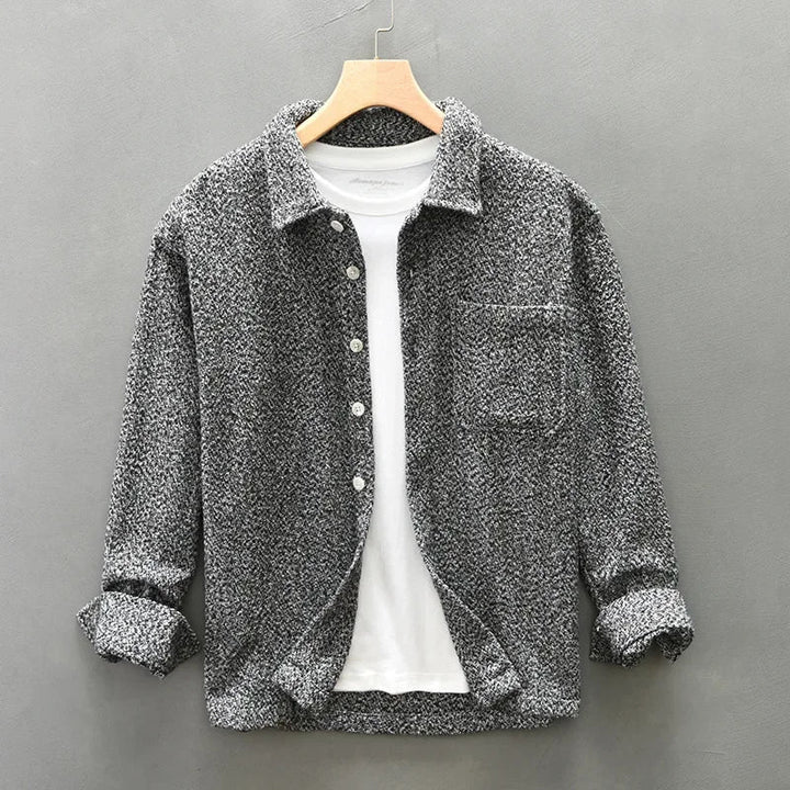 Comfortable men's boucle knit overshirt. Soft, long sleeve button-down for casual outfits & layering.