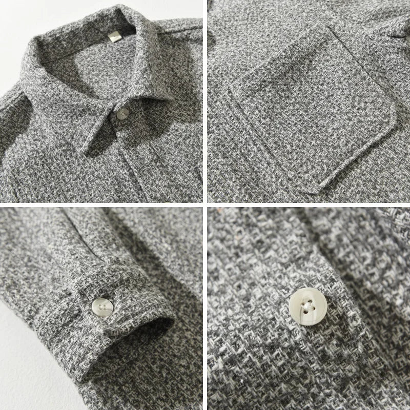 Stylish men's long sleeve boucle knit overshirt, perfect as a button-down casual shirt or jacket.
