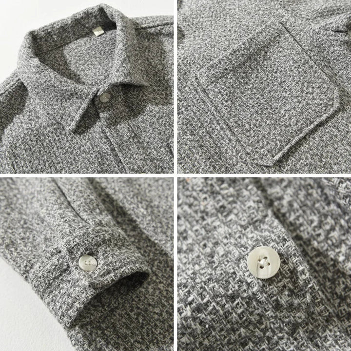 Stylish men's long sleeve boucle knit overshirt, perfect as a button-down casual shirt or jacket.