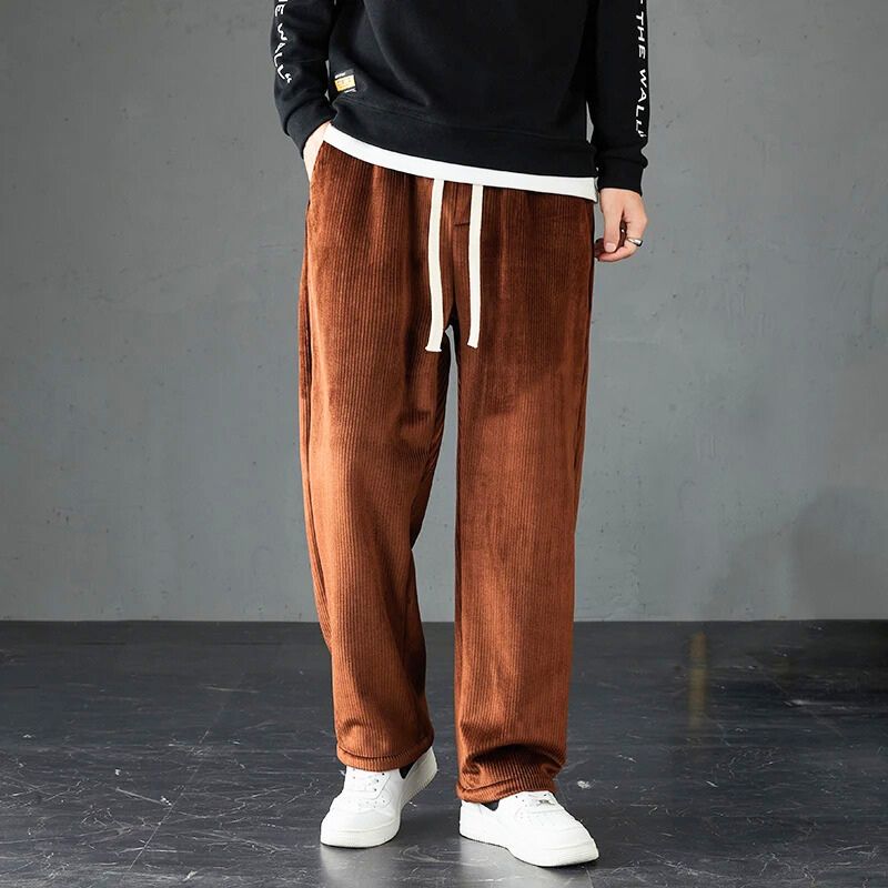Stylish men's corduroy joggers, featuring a comfortable straight leg fit. Perfect fall fashion lounge wear.