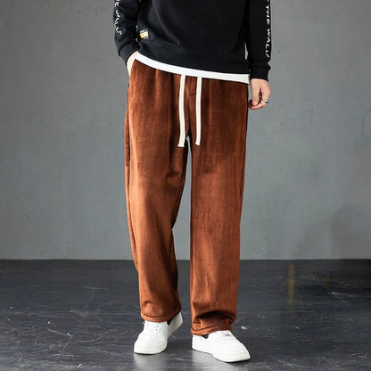 Stylish men's corduroy joggers, featuring a comfortable straight leg fit. Perfect fall fashion lounge wear.