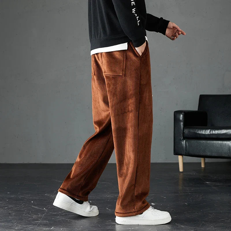 Close-up of soft corduroy fabric on men's comfortable joggers, highlighting texture and quality for everyday wear.