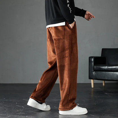 Close-up of soft corduroy fabric on men's comfortable joggers, highlighting texture and quality for everyday wear.