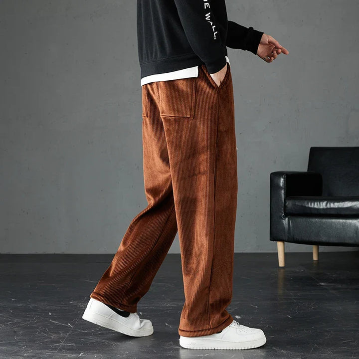 Close-up of soft corduroy fabric on men's comfortable joggers, highlighting texture and quality for everyday wear.