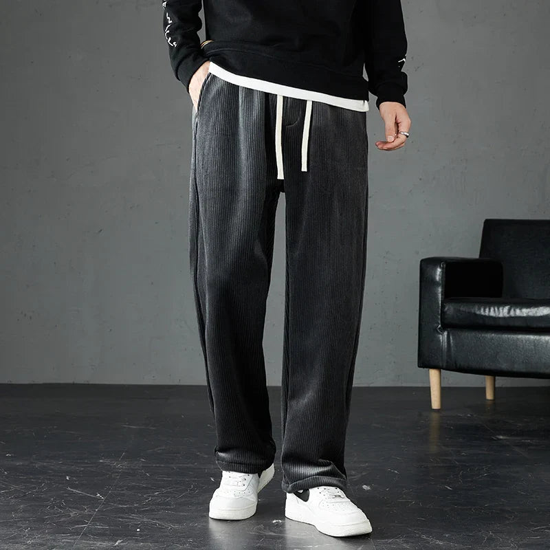 Detailed view of men's soft corduroy joggers, emphasizing the durable yet comfortable fabric for all-day wear.
