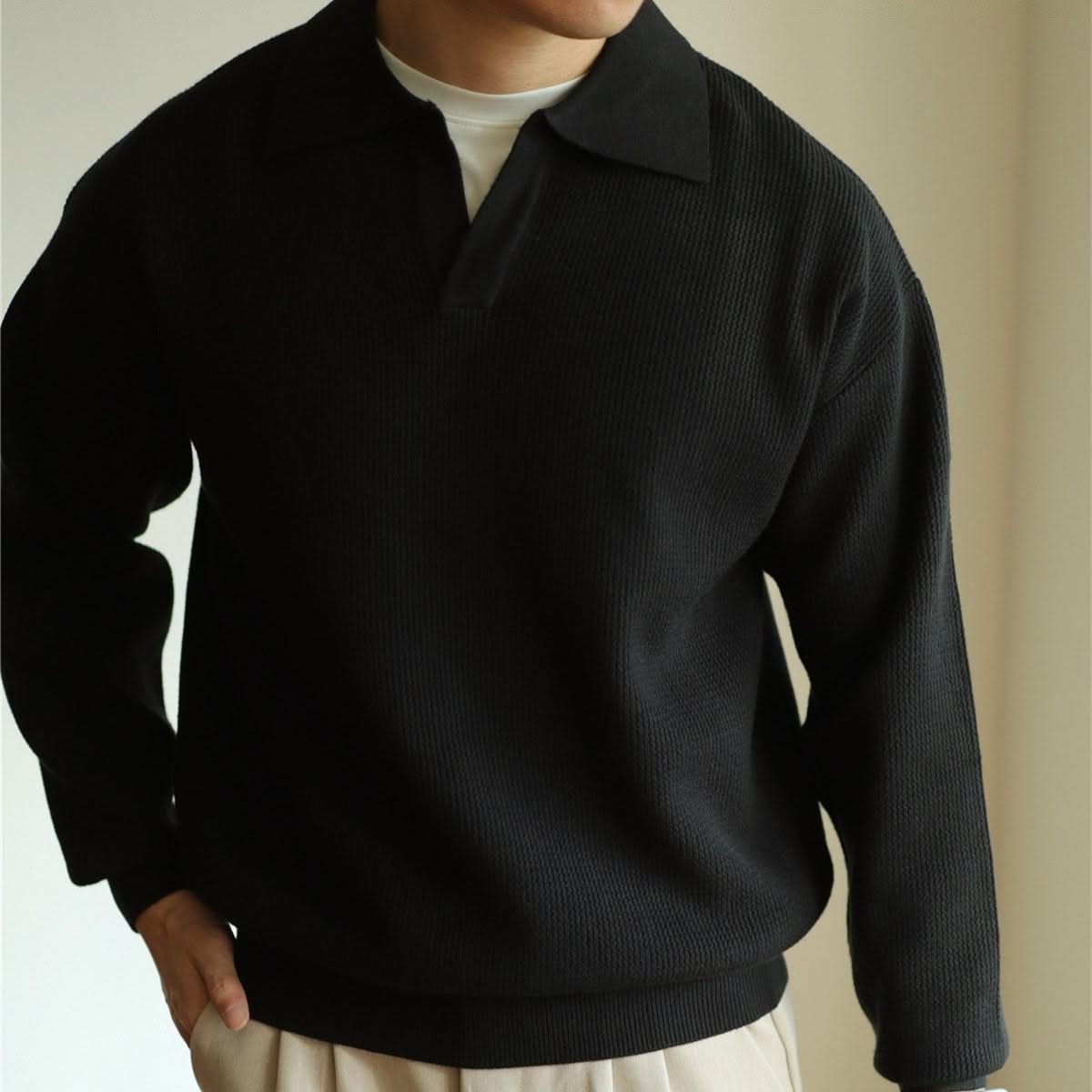 Side view of a Men's Soft Knit Polo Shirt, demonstrating its comfortable classic fit & quality knit.