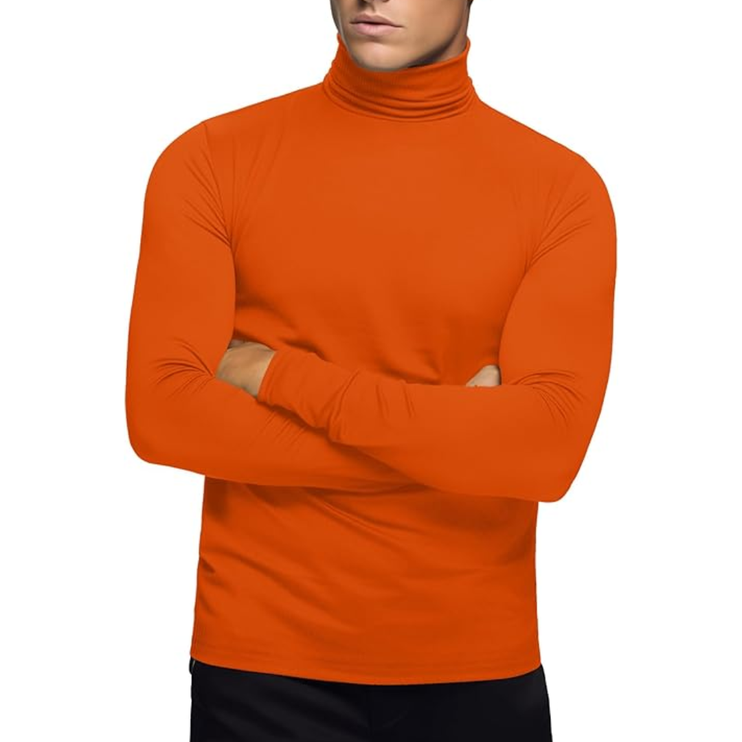Breathable men's thermal baselayer, soft roll neck long sleeve shirt for comfortable winter wear.