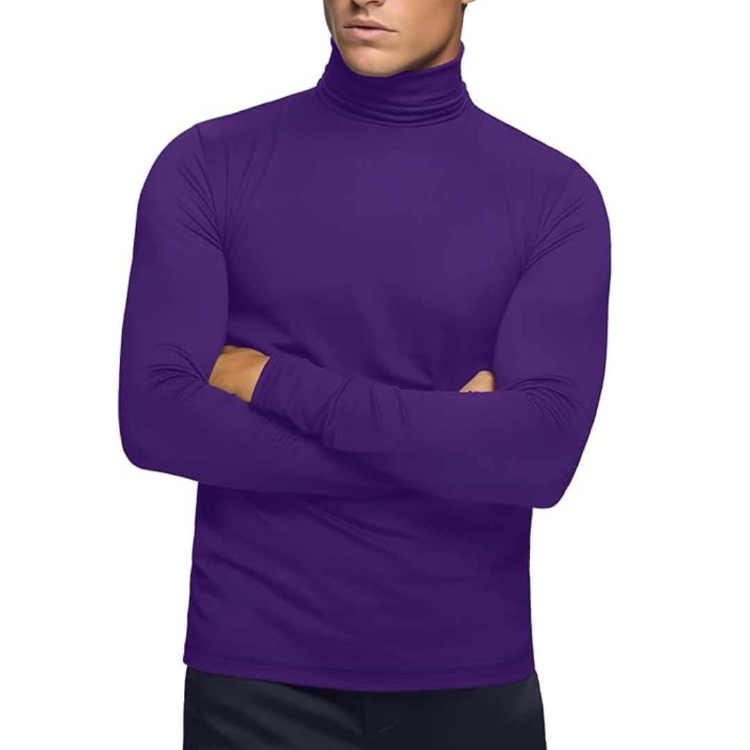 Stylish men's roll neck thermal baselayer, a soft long sleeve shirt for winter layering.