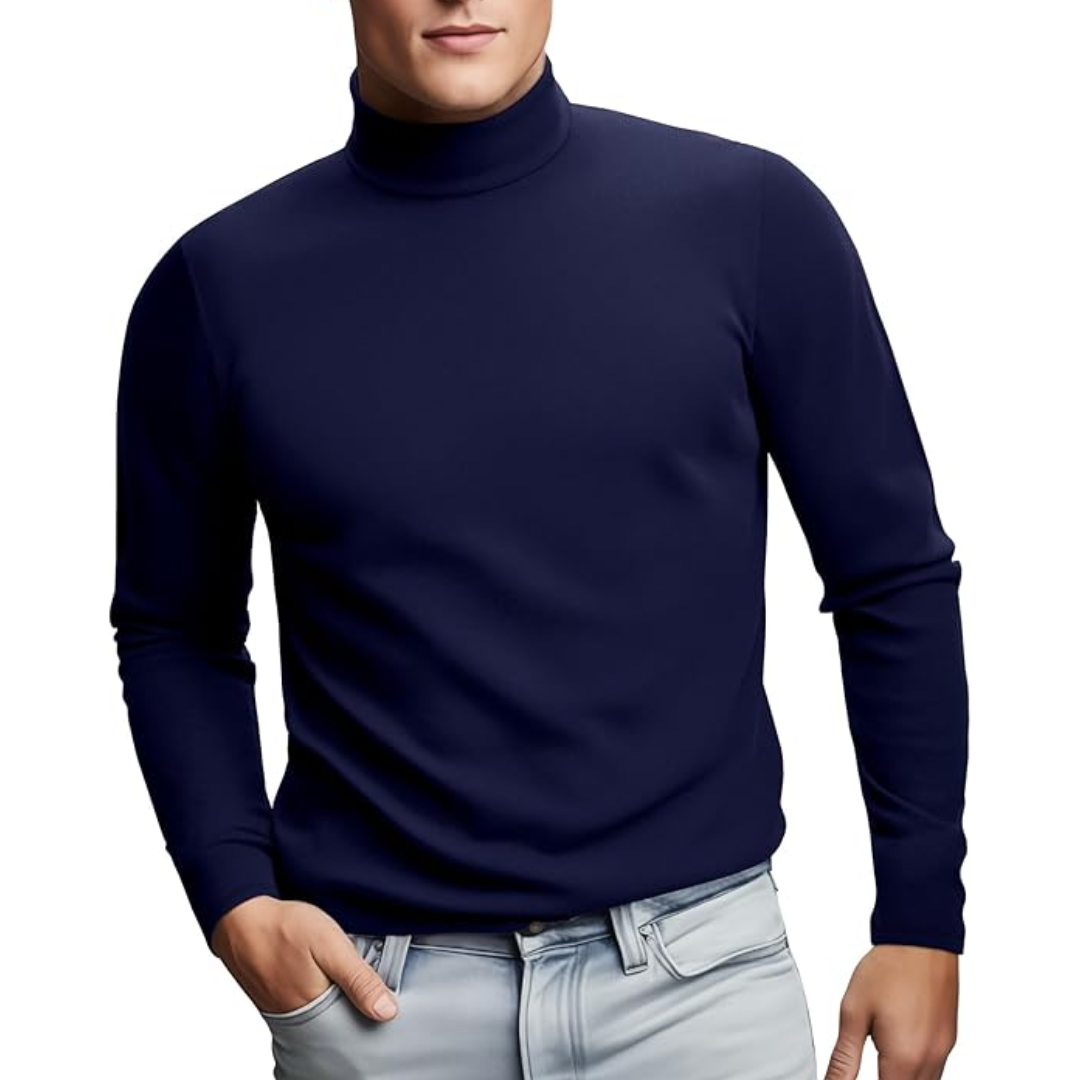 Durable men's thermal baselayer, a soft roll neck long sleeve shirt for cold weather.