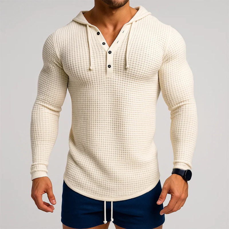 Stylish men's waffle pullover hoodie for fall fashion, ideal for layering and casual comfort.