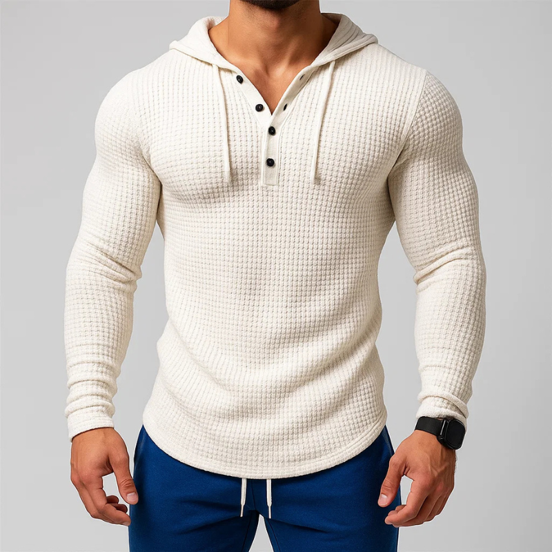Comfortable men's waffle hoodie, a cozy and stylish pullover for relaxed everyday fashion.