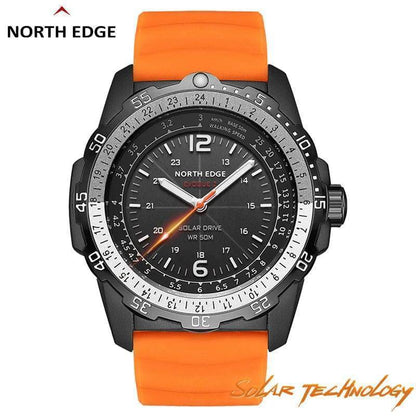 Men's solar-powered waterproof sport watch, black digital display with rugged silicone band.