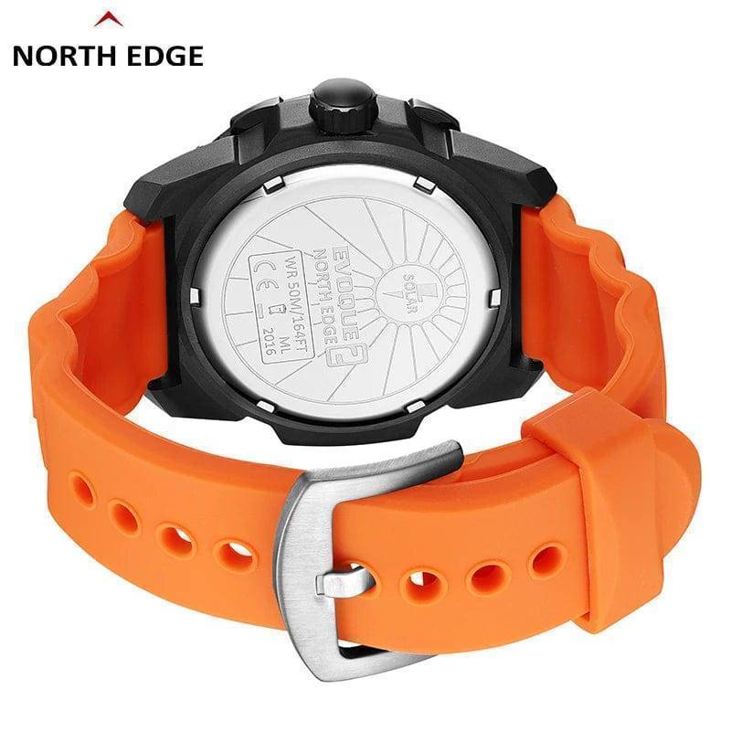 Close-up of a men's waterproof sport watch, showing its solar charging panel and digital time display.
