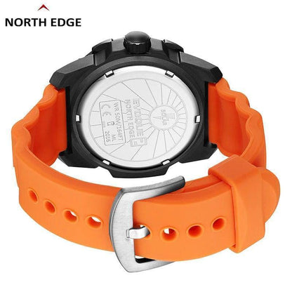 Close-up of a men's waterproof sport watch, showing its solar charging panel and digital time display.