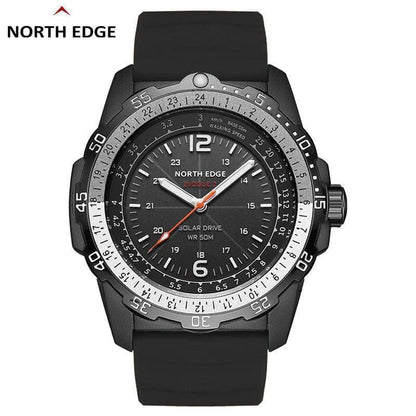 Side view of a men's solar sport watch with a durable black silicone band, ideal for outdoor gear.