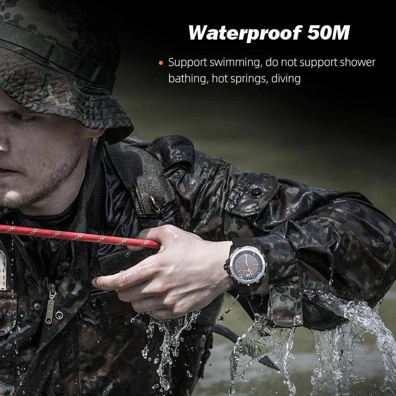 Men's rugged digital watch with solar power, waterproof and designed for active sports and outdoor use.