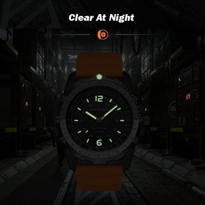 Action shot of a men's waterproof sport watch on a wrist, showcasing its robust design and functionality.