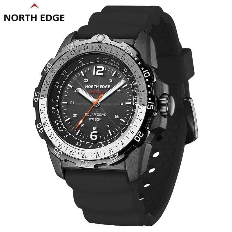 Overhead view of a men's waterproof solar watch, highlighting its comfortable black silicone strap.