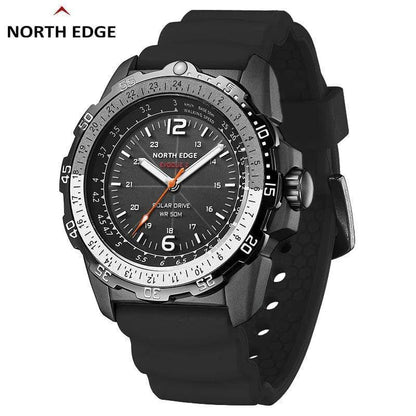 Overhead view of a men's waterproof solar watch, highlighting its comfortable black silicone strap.
