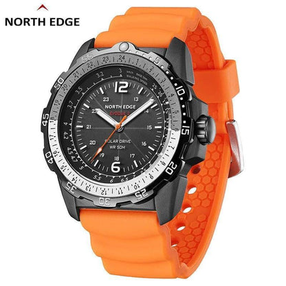 Men's sport watch with solar power, digital functions, and waterproof casing, perfect for an adventurous lifestyle.