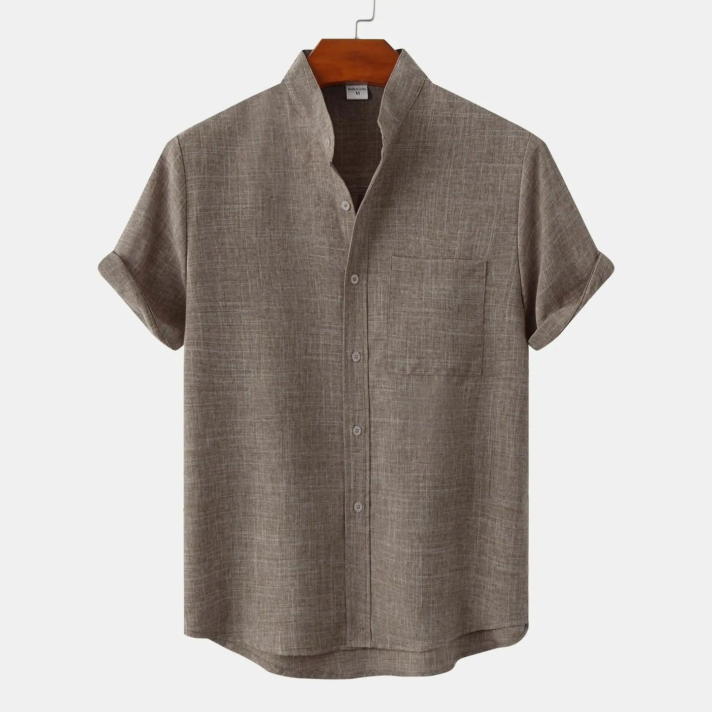 Mandarin collar men's Solaro short sleeve shirt, lightweight, perfect for summer vacation.