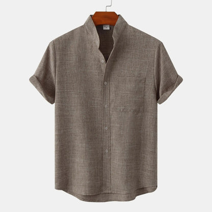Mandarin collar men's Solaro short sleeve shirt, lightweight, perfect for summer vacation.