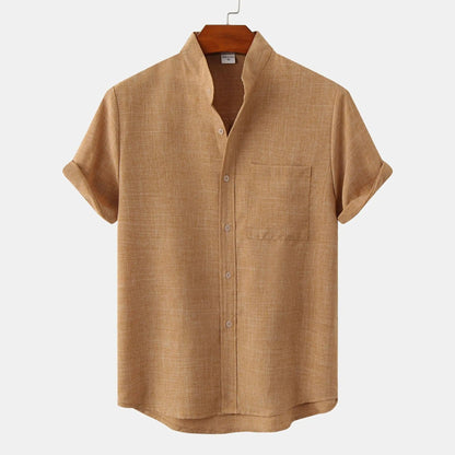 Mandarin collar Solaro men's shirt, lightweight, short sleeve, great for summer casual looks.